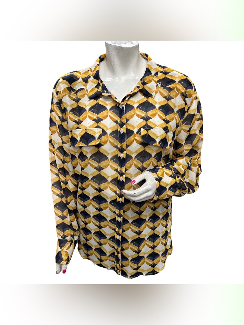 Penningtons NWT Mustard, Navy & Cream Geometric Button-Down Shirt Size 3X